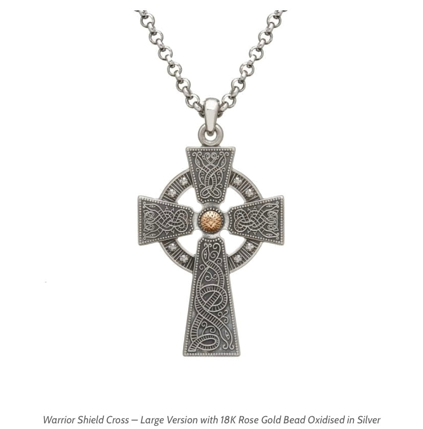 Boru® Warrior Shield Cross – Large Version with 18K Rose Gold Bead Oxidised