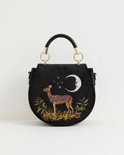 Load image into Gallery viewer, Fable Deer &amp; Moon Embroidered Black Velvet Saddle Bag
