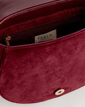 Load image into Gallery viewer, Fable Fox &amp; Mushroom Embroidered Redcurrant Velvet Saddle Bag
