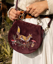 Load image into Gallery viewer, Fable Fox &amp; Mushroom Embroidered Redcurrant Velvet Saddle Bag
