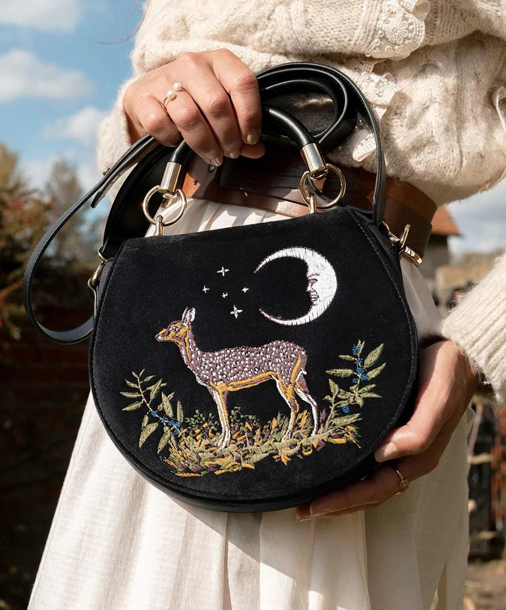 Fable Deer & Moon Embroidered Black Velvet Saddle Bag