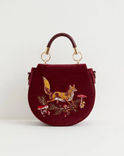 Load image into Gallery viewer, Fable Fox &amp; Mushroom Embroidered Redcurrant Velvet Saddle Bag
